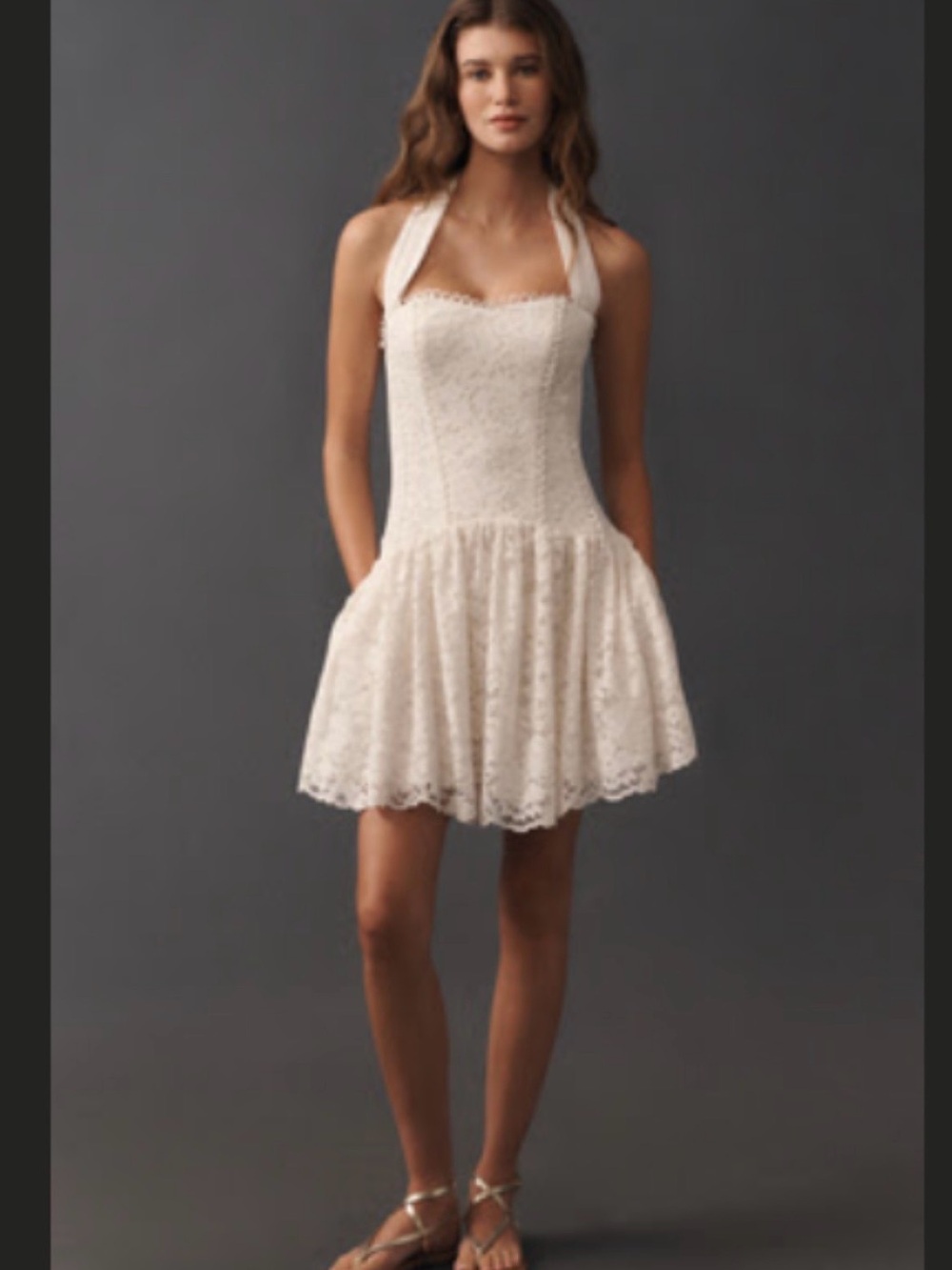 Anthropologie Ivory Lace Halter Mini Dress